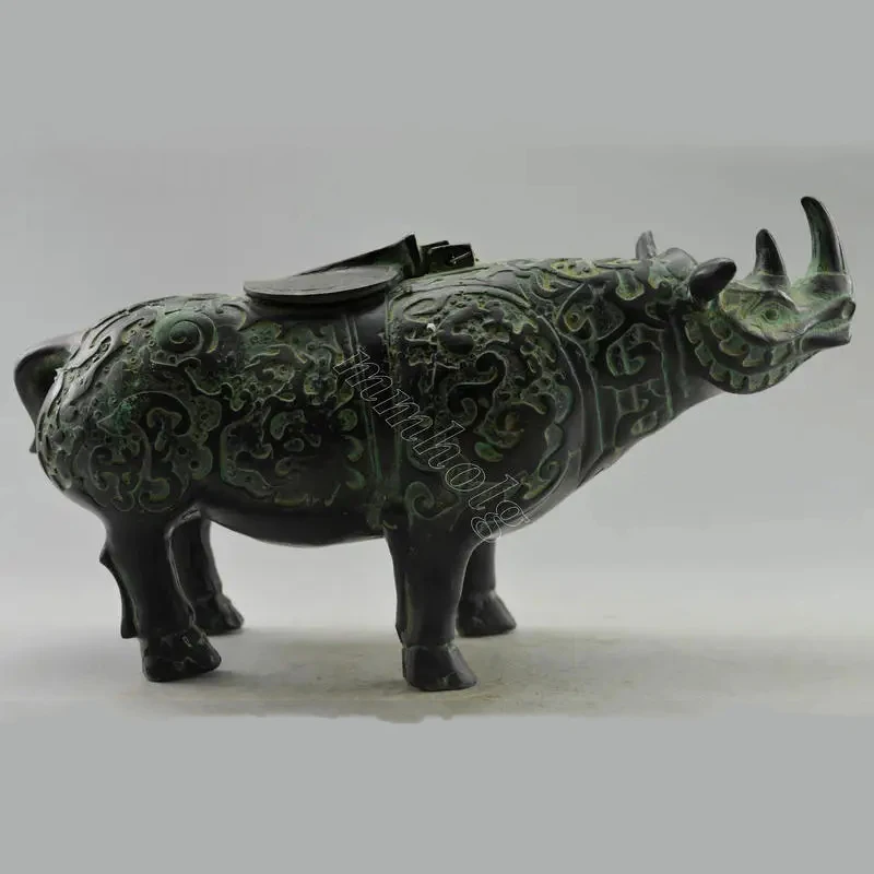 Elaborate Chinese Collectible Decorated Old Handwork Bronze Carved Big Rhinoceros Statue & Pot See