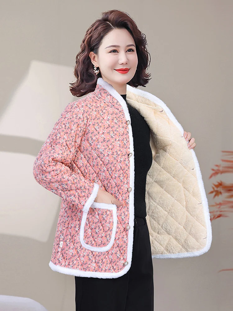 

Autumn Winter ort Fluffy Trim Fce Lined Thi Women's Cotton Jaet Floral Print Warm Coat for Middle-Aged Ladies