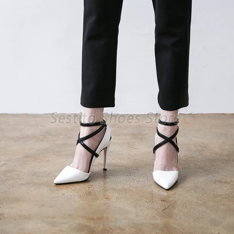 

White Pointed Toe High Heels for Women Black Cross Strap Pumps Elegant Ladies 10CM High Heel Sandals Summer New Female Shoes