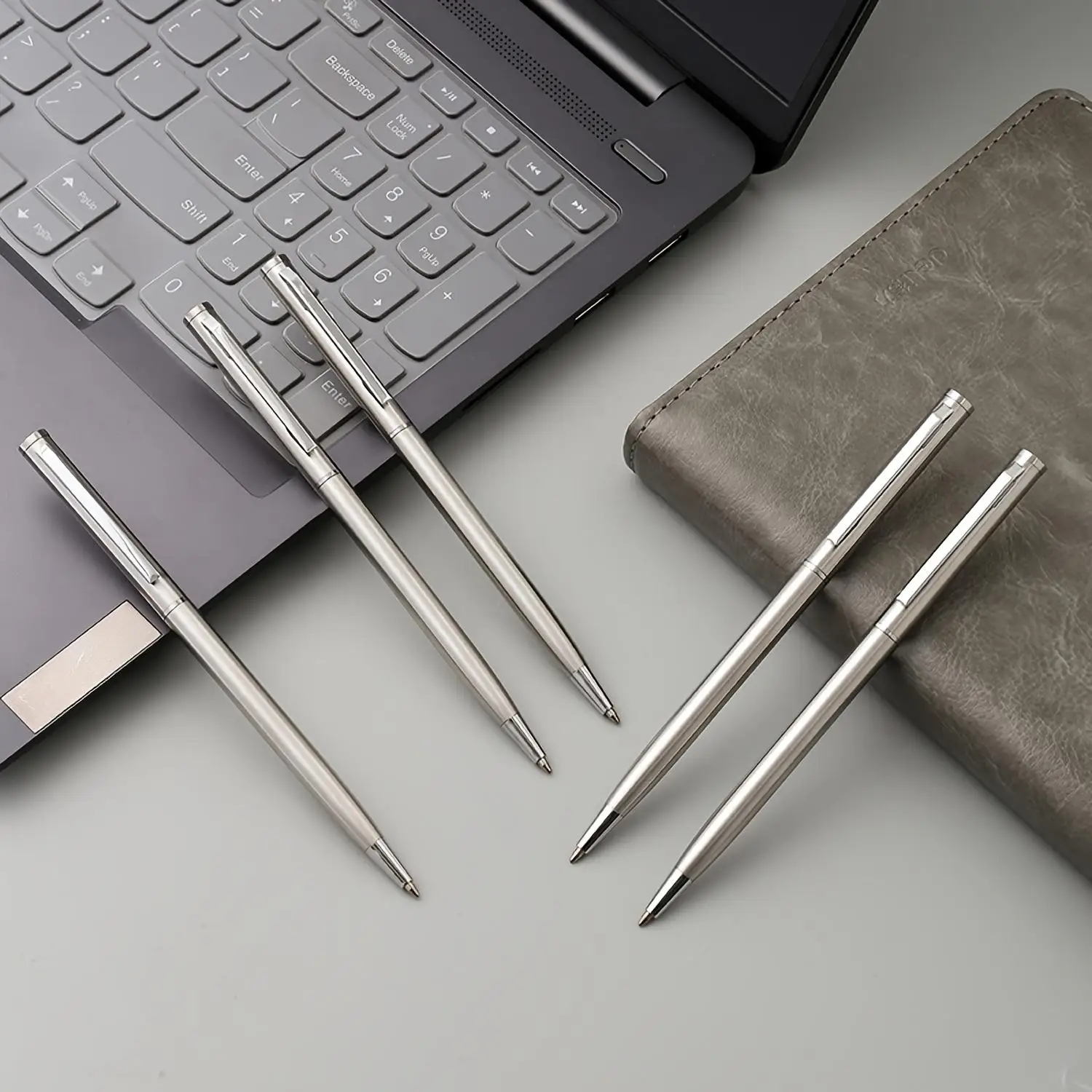 Elegant Silver Stainless Steel Ballpoint Pens - Durable, medium nib, twist-top design, smooth writing, perfect for off