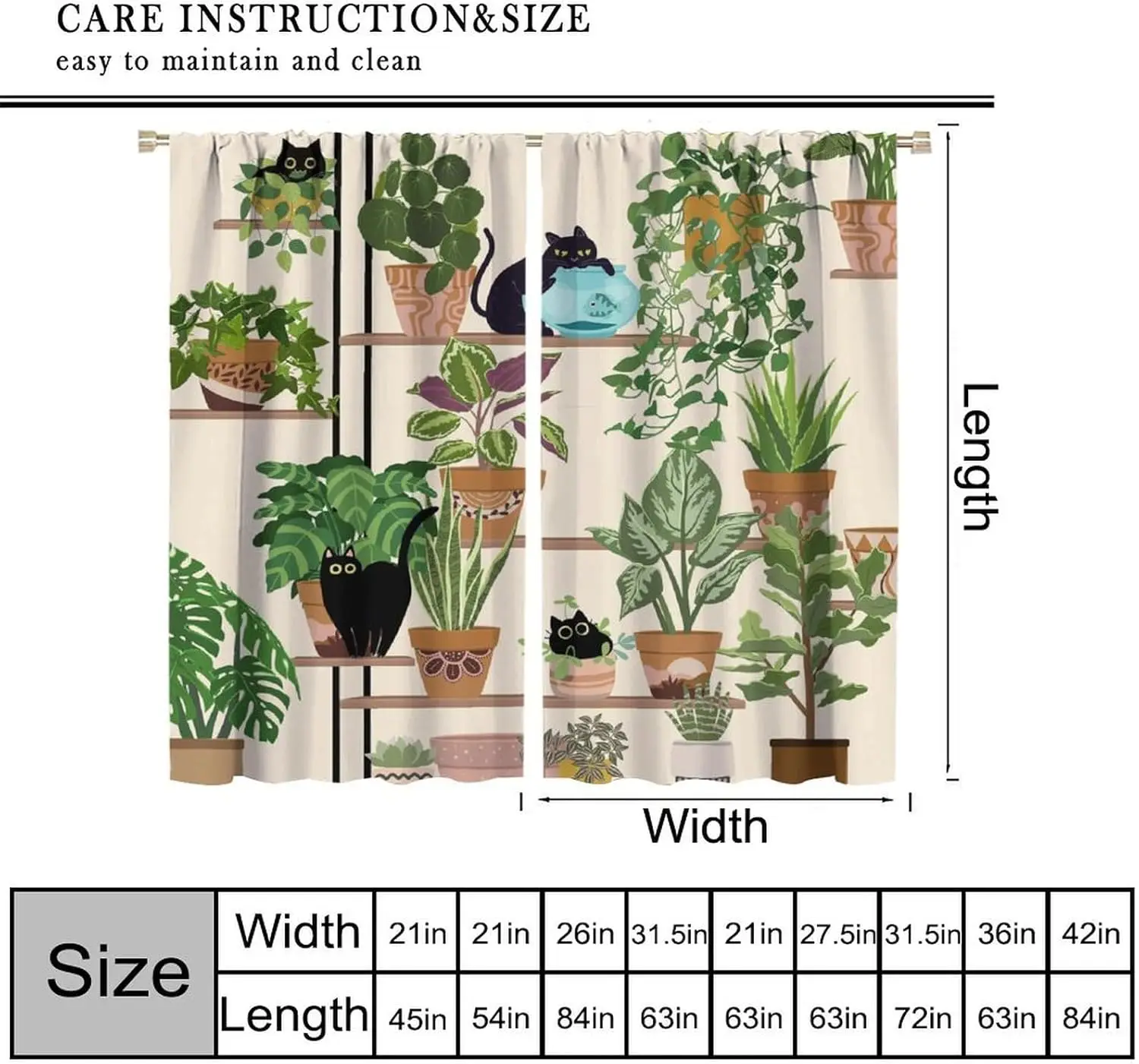 Cat Curtains Cartoon Cute Animals Boho Potted Art Printed Blackout Window Drapes for Living Room Kitchen Decor Fabric Set 2Panel
