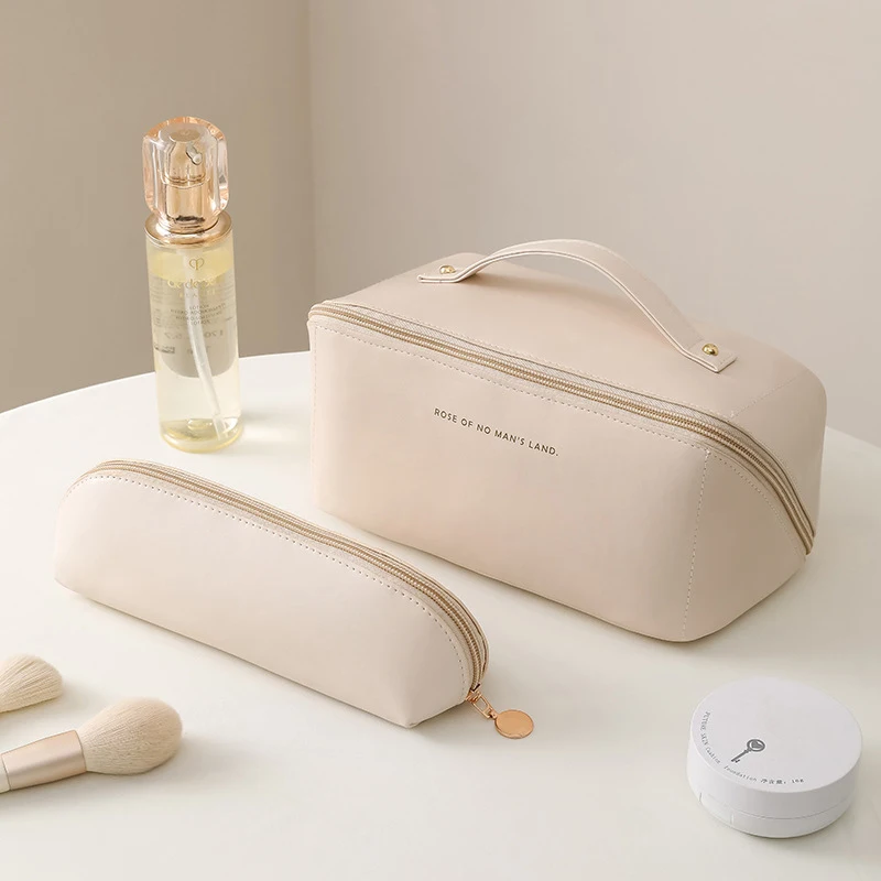 

2pcs Women Leather Cosmetic Bag With Makeup Brush Bag Multifunction Toiletries Organizer Portable Travel Waterproof Makeup Pouch