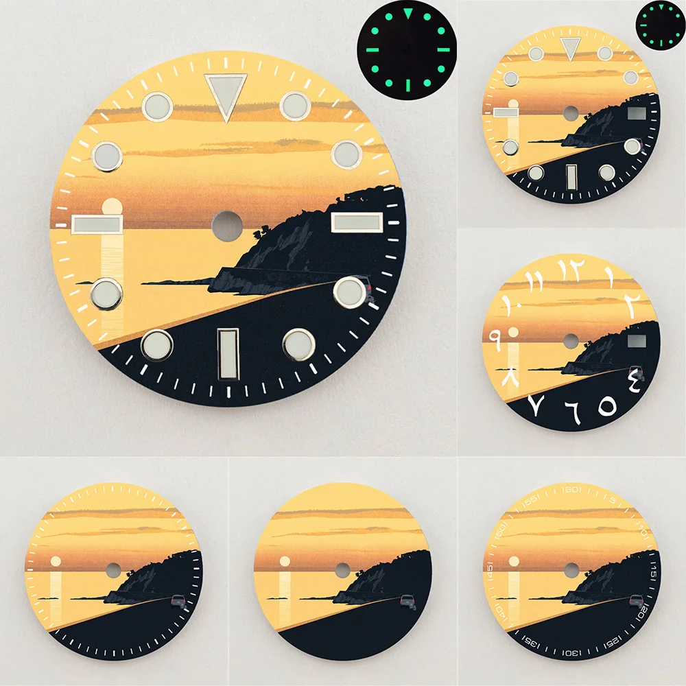 28.5mm NH35 Dial Sunset Coastal Highway Scenery Dial Luminous Dial Colorful NH36 Dial Watch Accessories Fits NH35/NH36 Movement