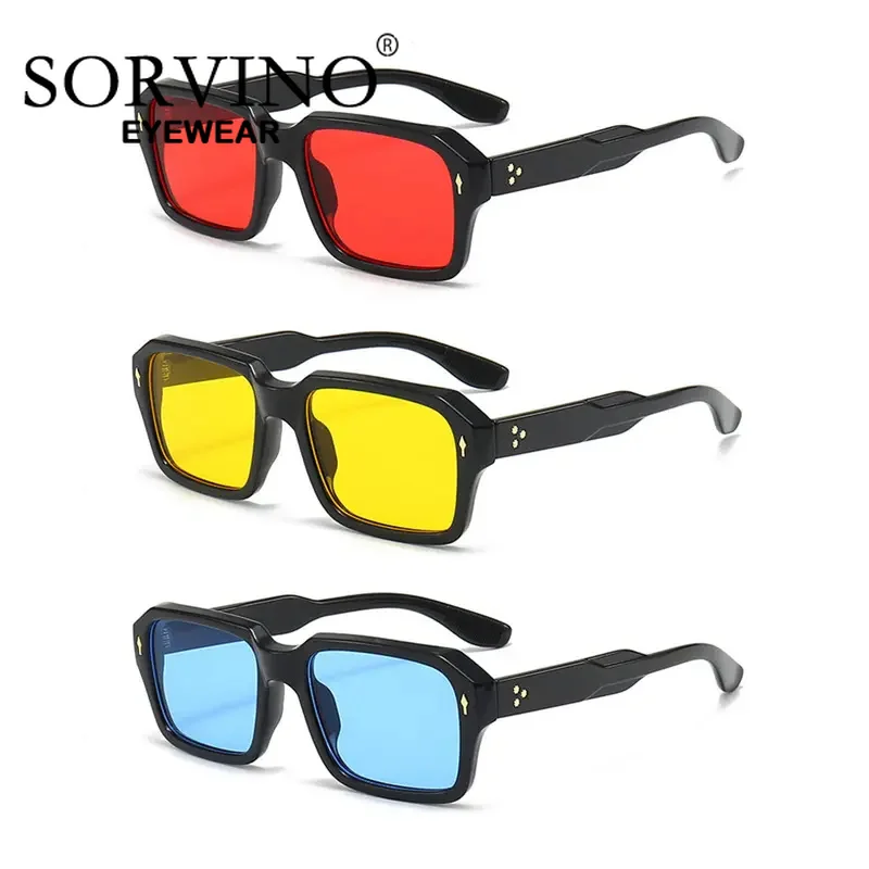 

SORVINO Red Lens New Square Sunglasses Women Vintage Rivets Trendy Clear Gradient Lens Shades UV400 Men Rectangle Sun Glasses