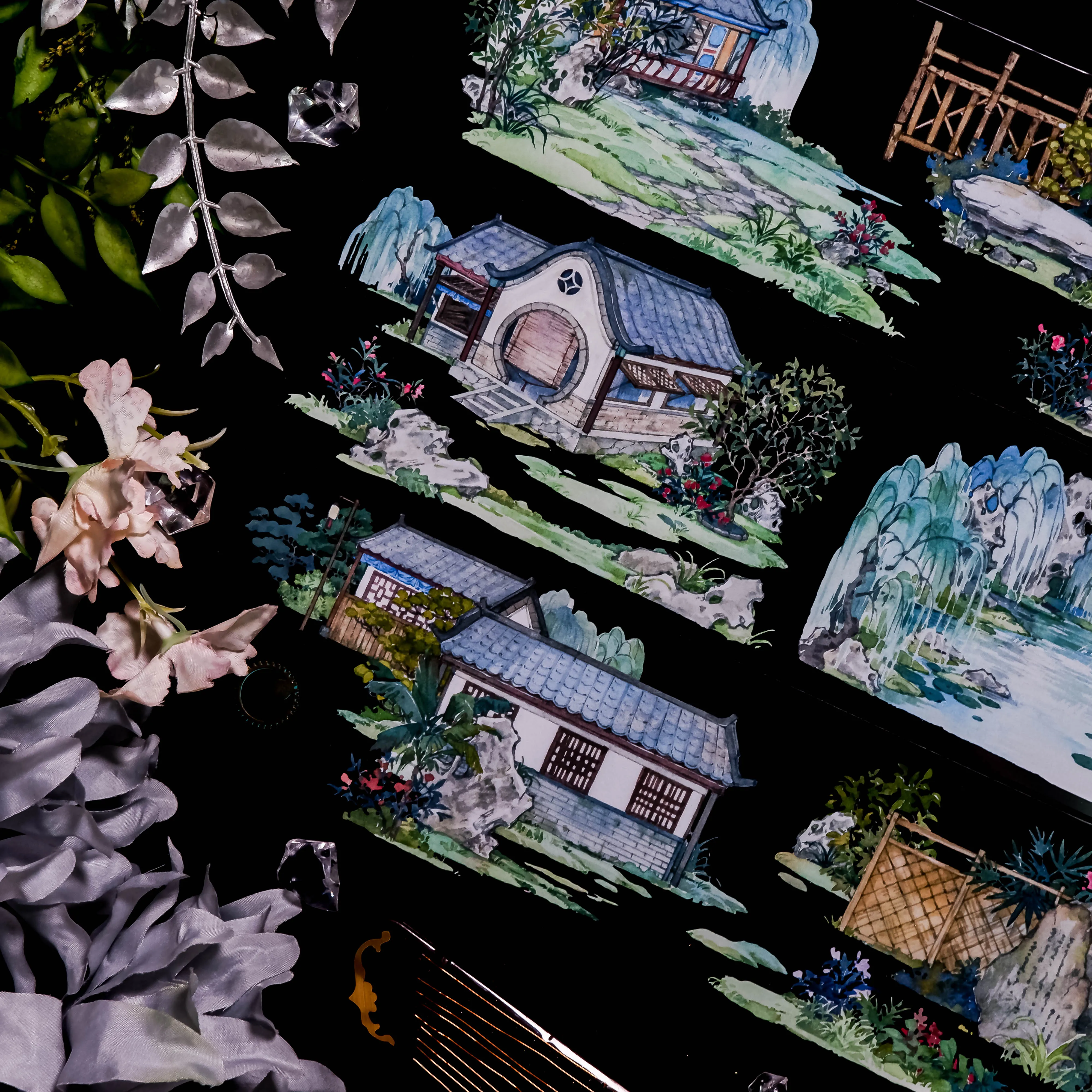 5M Roll Landscape Ancient Garden Chinese Washi Pet Tape Journal Decoration Courtyard Four Seasons,