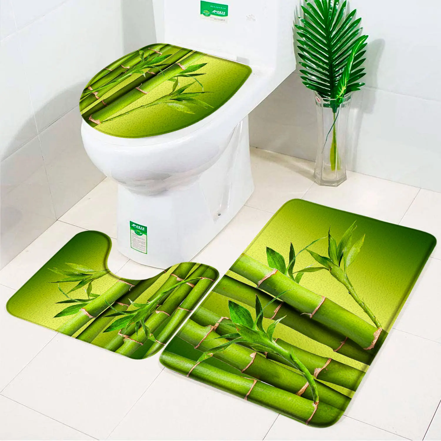 3pcs Set Bamboo Bath Mat Orchid Zen Stone Decor Flannel Anti-slip Bathroom Rug Carpet Machine Washable Toilet Cover Set Foot Mat