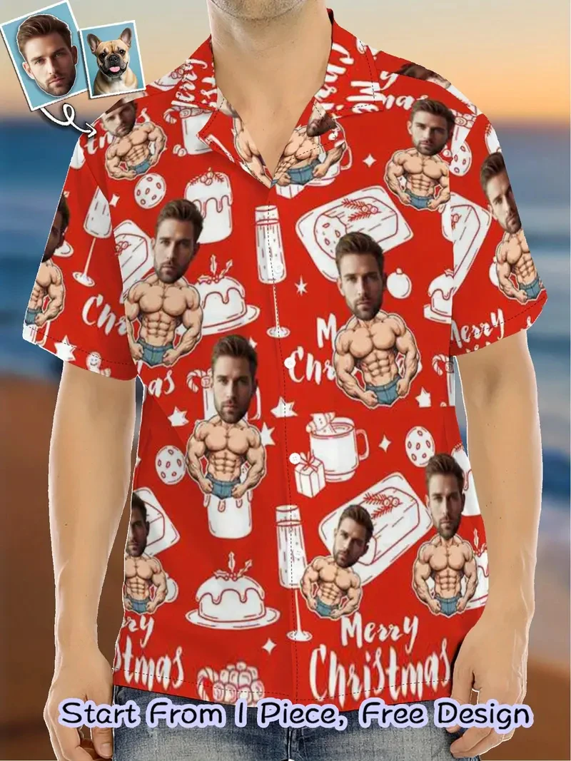 تخصيص الوجه عيد الميلاد قميص جديد مضحك شخصية ثلاثية الأبعاد مطبوعة سانتا قمصان 2025 عيد ميلاد سعيد قصيرة الأكمام التلبيب القمصان DIY بها بنفسك