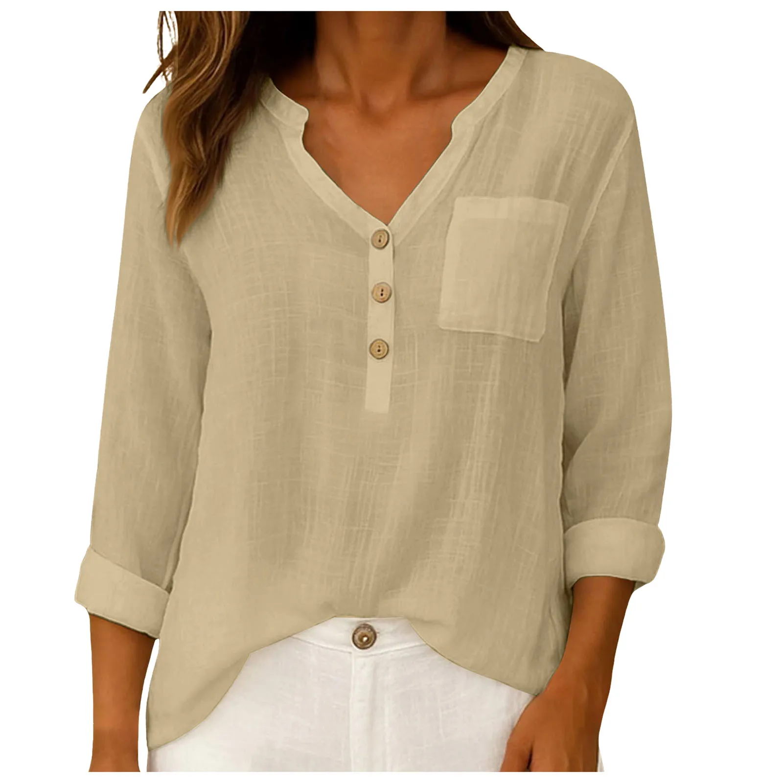 Summer Cotton Linen Shirt Women's Blouse V-Neck Button Long Sleeves Tunic Tops Casual Blouses Solid Loose Shirts Blusas 2026