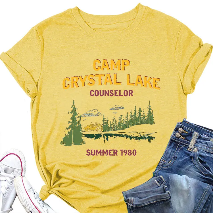 Summer new women\'s short-sleeved T-shirt camp crystal lake counselor printed loose round neck casual top with all fashion pullov