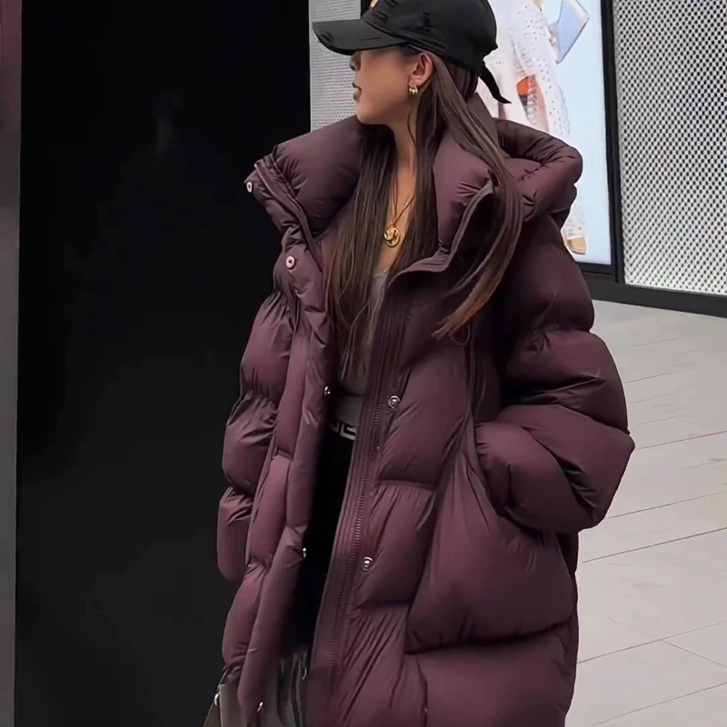 Moda estilo coreano puff jaqueta, inverno meados de longo com capuz solto pato branco para baixo jaqueta quente, 2024 novo modelo