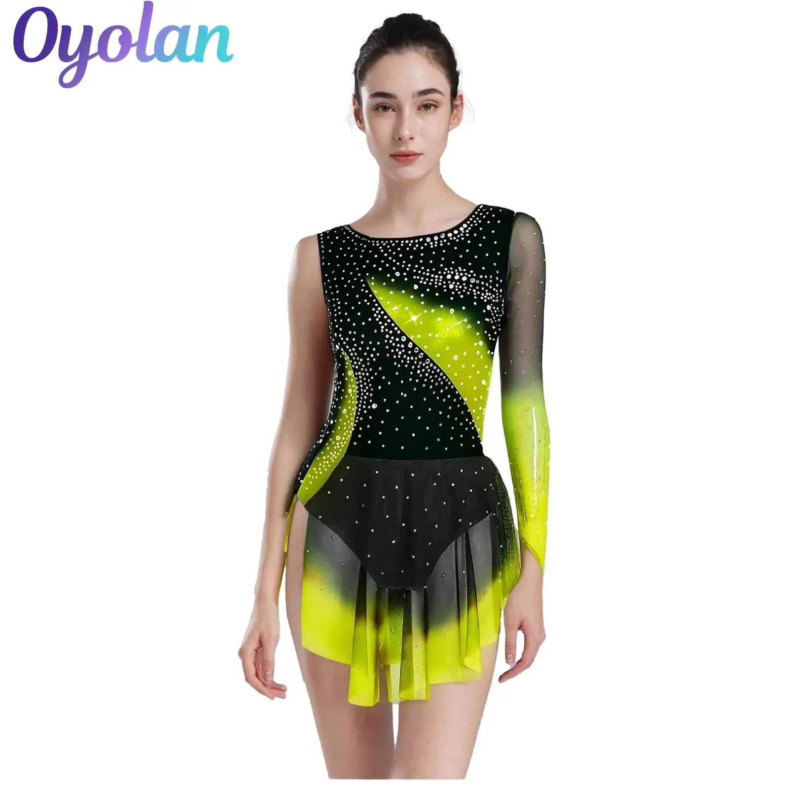 Kostum Senam Wanita Leotard Figure Skating Gaun Tari Lyrical Ballet Gradasi Berhias Rhinestone dengan Kelim Jaring Tidak Beraturan Bodysuit