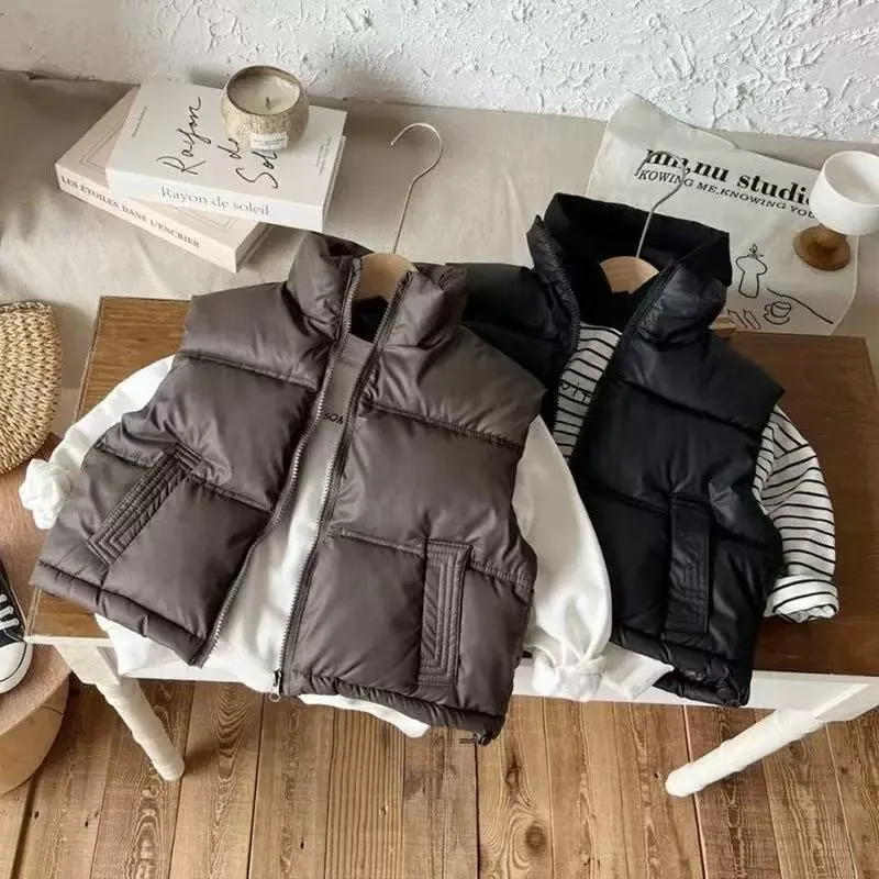 2-12 Years Fashion Boys Girls Leather Vest Autumn Winter Solid Stand Collar Zipper Waistcoat For Kids Warm Cotton Down Jacket