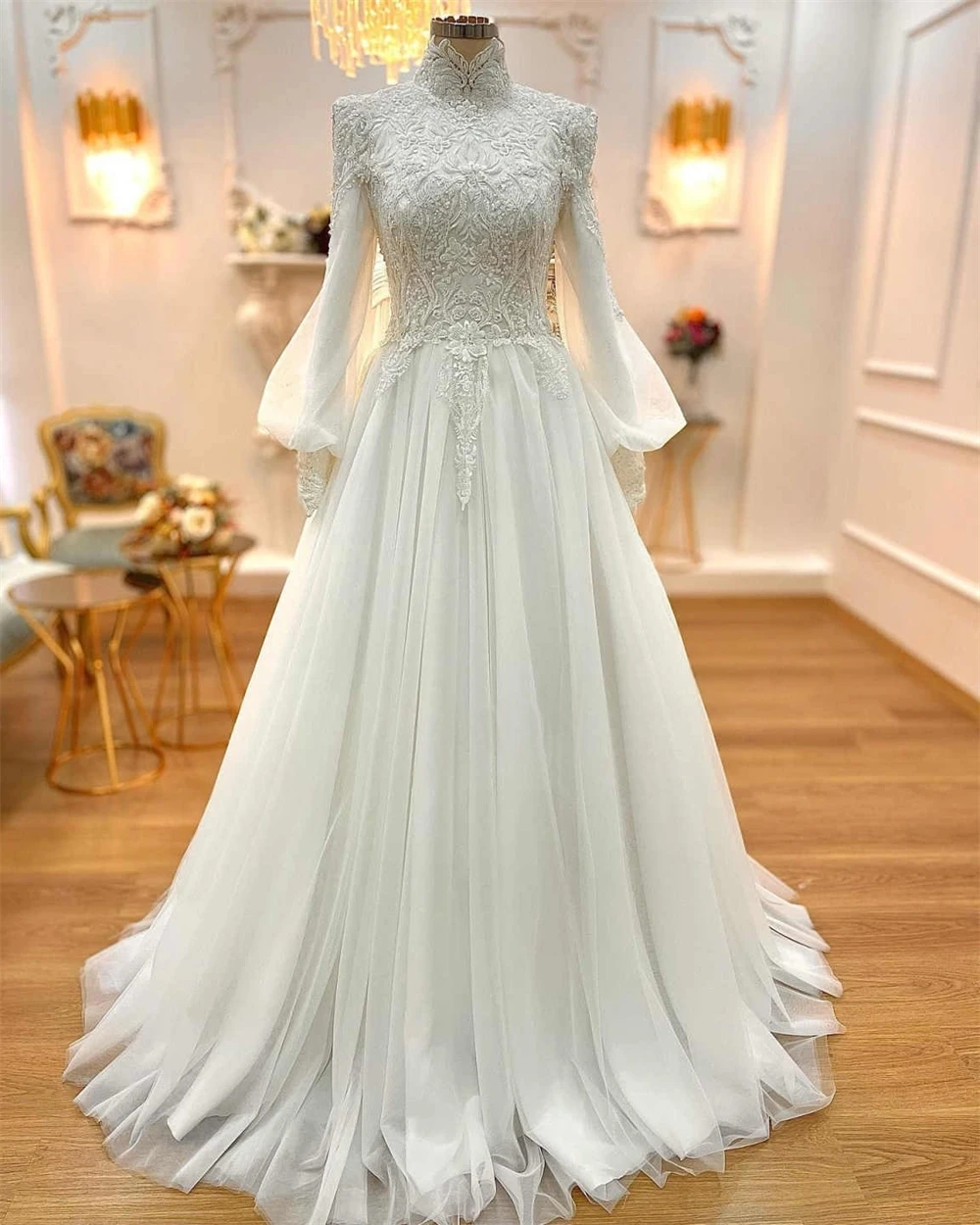 

Темпераментное белое тюлевое вечернее платье по индивидуальному заказу, вечернее платье с высоким воротником и длинными рукавами, платье для выпускного вечера, роскошные платья на заказ