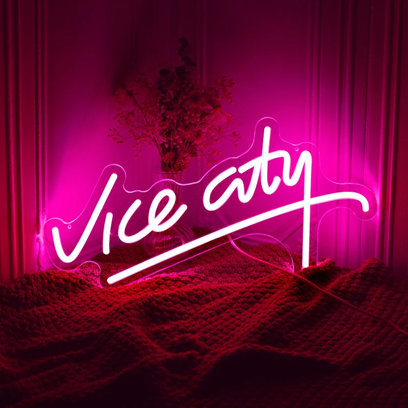 

15.6x9.8 Inch Pink Vice City Neon Sign Led Neon Sign for Bedroom Neon Letters Lights Sign USB Powered for Game Room