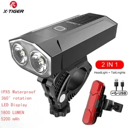 X-Tiger Bike Light Headlight Bike Lamp Set Waterproof Rechargeable LED 5200mAh MTB Bicycle Light Aluminum Ultralight Flashlight