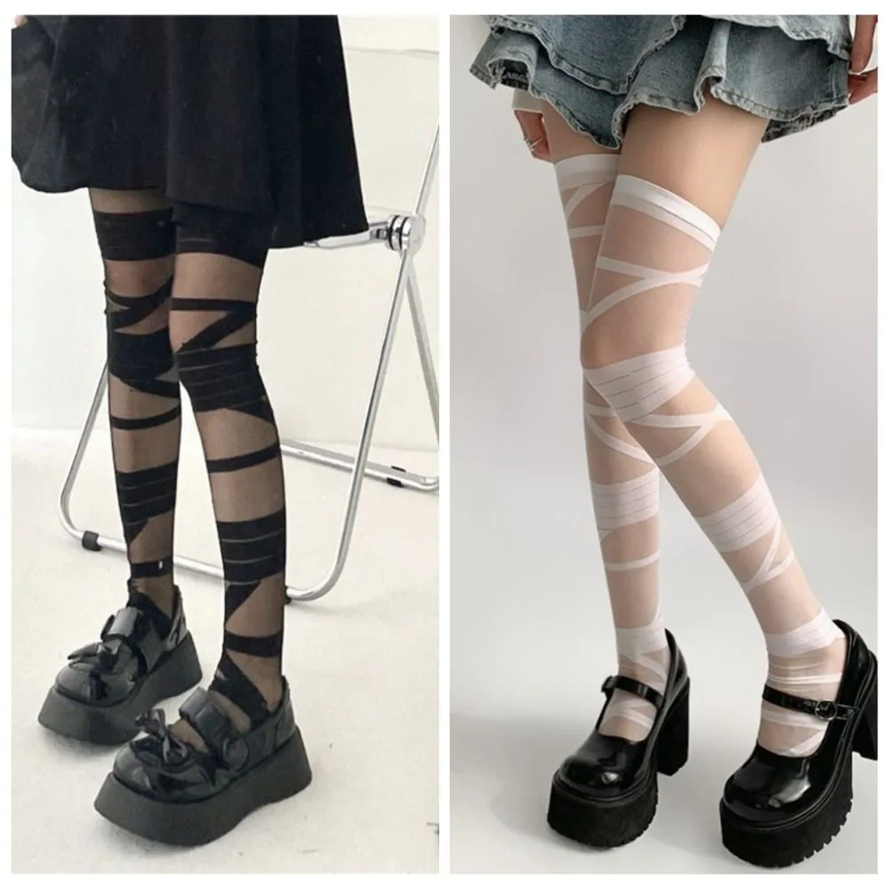 Sweet Nylon Transparent Stripe Stockings Lolita JK Style Ultra-thin High Tube Long Socks Pile Up Hosiery Elastic Streetwear image 6