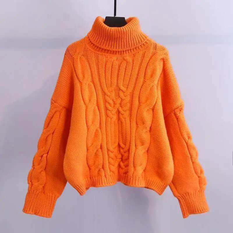 High Collar Sweater Women Autumn and Winter Korean Vintage Fried Dough Twists Thread Loose Short Knit Sweater Pullover Female