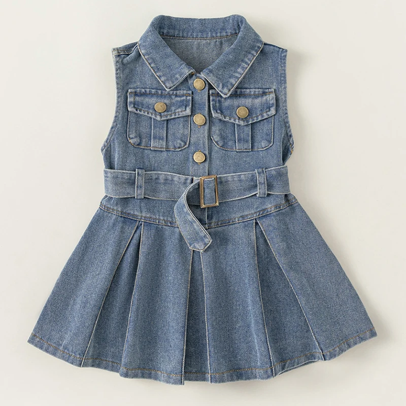 

Summer Girls Boutique Clothes Korean Fashion Denim Sleeveless Belt Blue Baby Dresses Little Princess Dress Kids Clothing B275