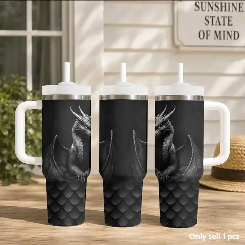 Bouteilles isothermes Dragon Design 40oz en acier inoxydable avec poignée et paille, tasse de voyage anti-fuite