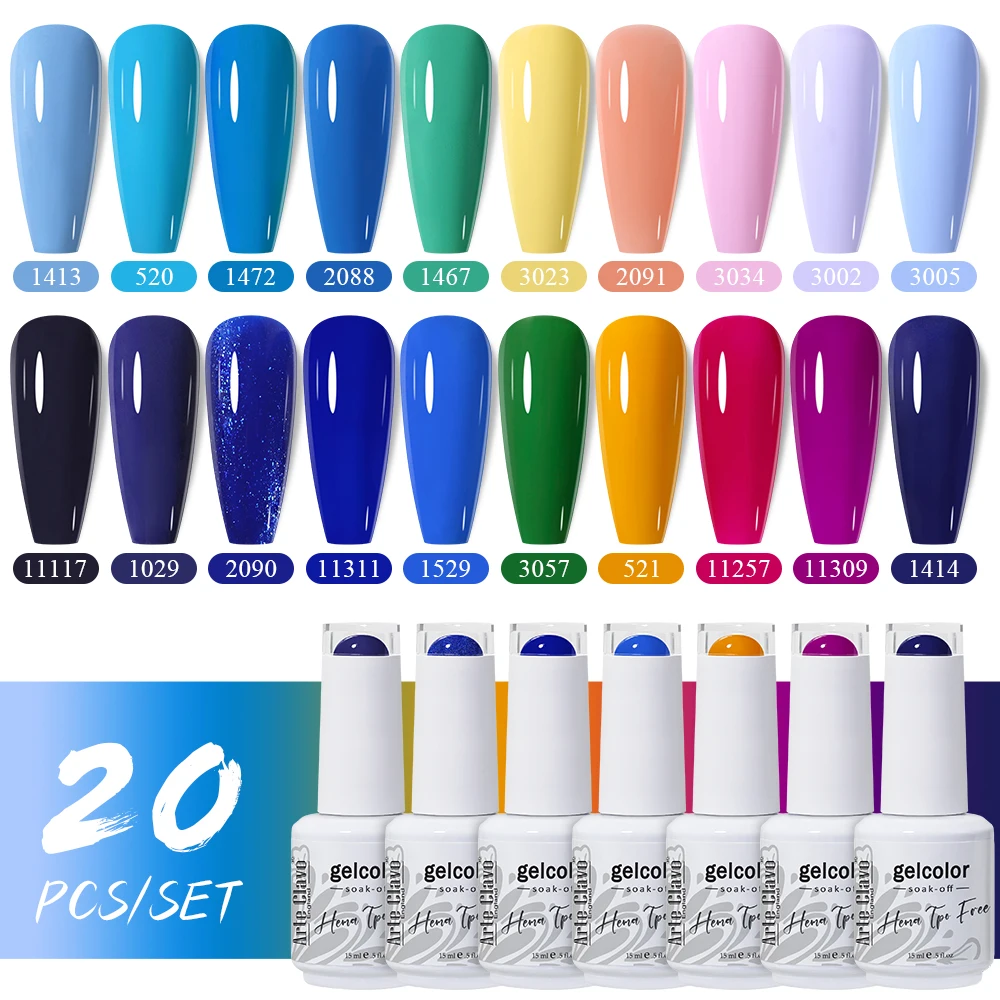 

Гель-лак Arte Clavo 15 мл, 20 шт., полуперманентный, с базовым и топовым покрытием, УФ/LED, без HEMA и TPO, снимаемый, для ногтей