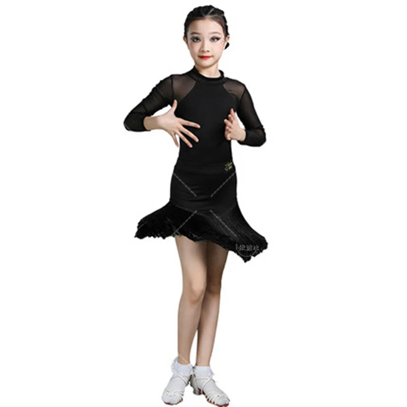 2024 Black Suits Latin Performance Summer Children's Girls Practise Training Dress Dancing Clothing Stage Performance Uniforms