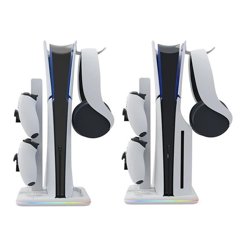 قاعدة تبريد لقاعدة تبريد المضيف النحيفة PS5 مع أضواء ملونة RGB مقبض شاحن عمودي شماعة تخزين سماعة الرأس