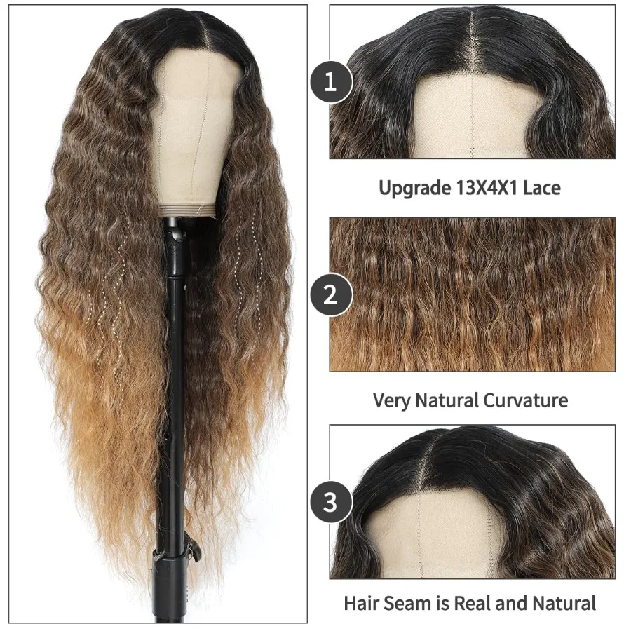 الاصطناعية الدانتيل الجبهة الباروكات قبل قطعها أومبير العسل شقراء شعر مستعار طبيعي متموج للنساء السود 13x4x1 الجزء الأوسط غلويليس جاهز ل #3