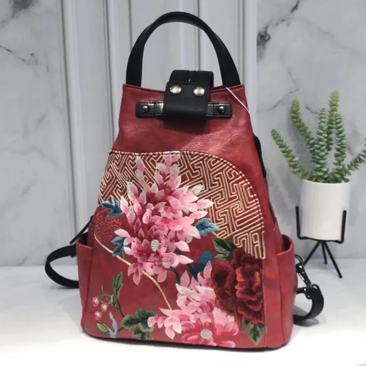 Johnature Vintage Bagpack 2024 New Chinese Style Handmade Embroidery Women Leather Bag Large Capacity Female Travel Backpack