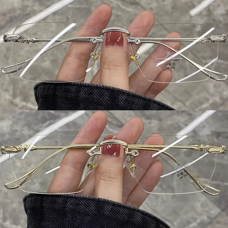 نظارات ريترو بدون إطار للنساء فضية مضادة للضوء الأزرق، نظارات شمسية مربعة صغيرة، نظارات عصرية