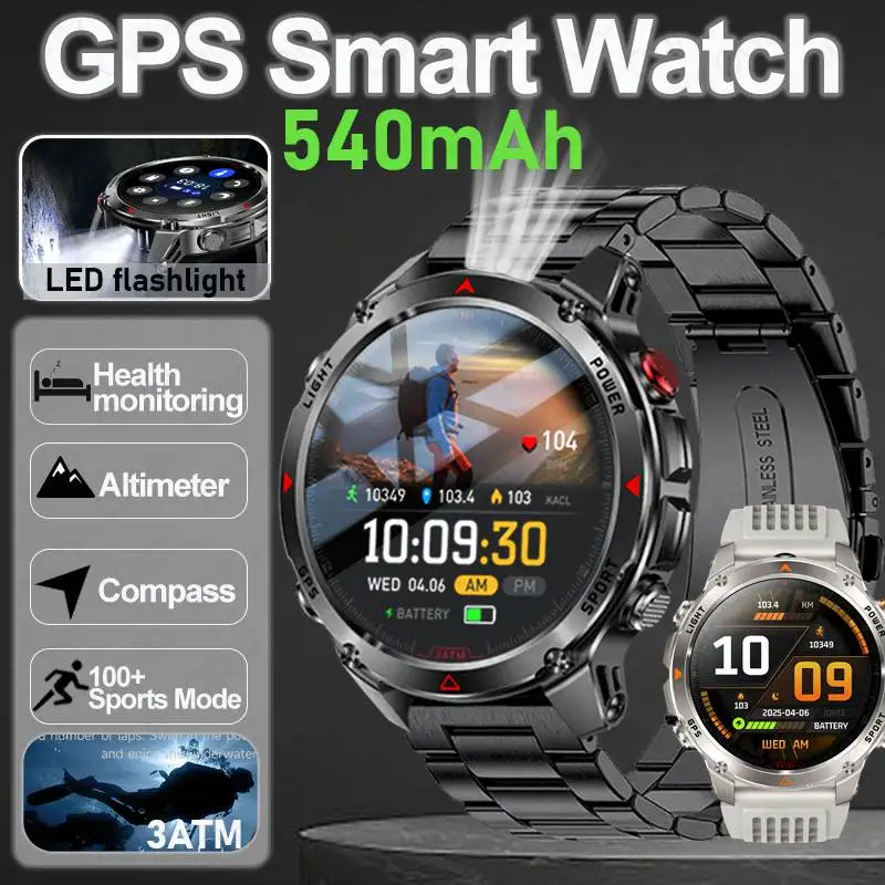 

2025 Новые GPS Смарт-часы Мужчины Светодиодный фонарик 1.43 HD Экран 540 мАч Компас 3ATM Водонепроницаемые режимы сна 100+ Спортивные умные часы