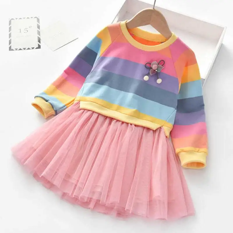 Baby Girls Dress Princess Autumn Sweater Fleece Gauze Tutu Dresses Children Clothing Long Sleeve Rainbow Stripes Dress For Girls