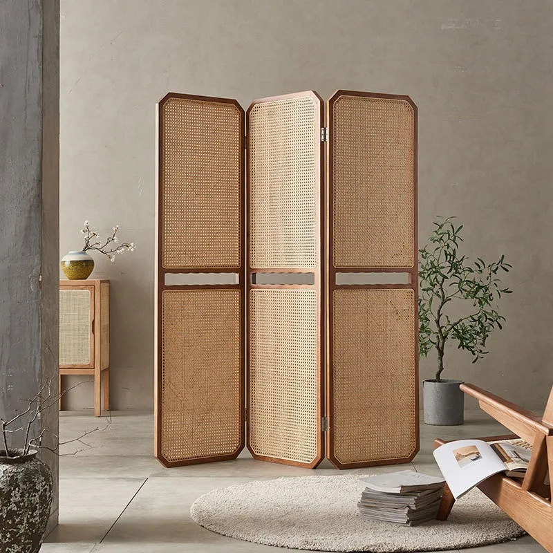 

Solid wood screen movable folding rattan partition living room entrance block new Chinese door decoration folding screen