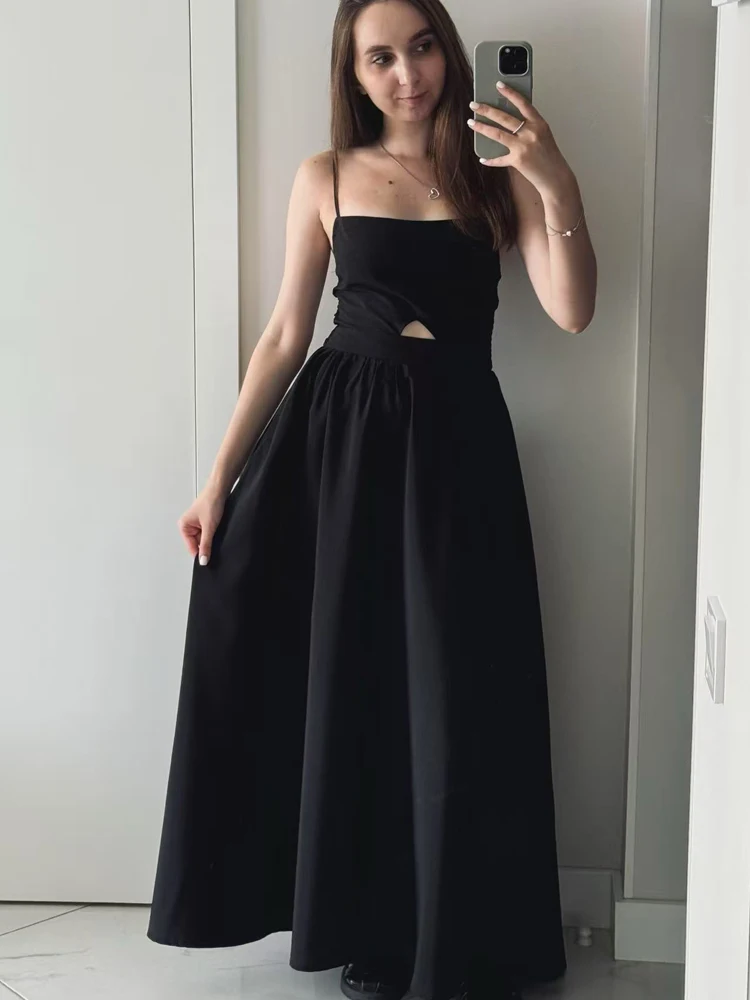 

FSMG Fashion Black Breathable Sleeveless Backless Halter Dress Summer Sexy Spaghetti Strap Hollow Out Pockets Side Long Skirt