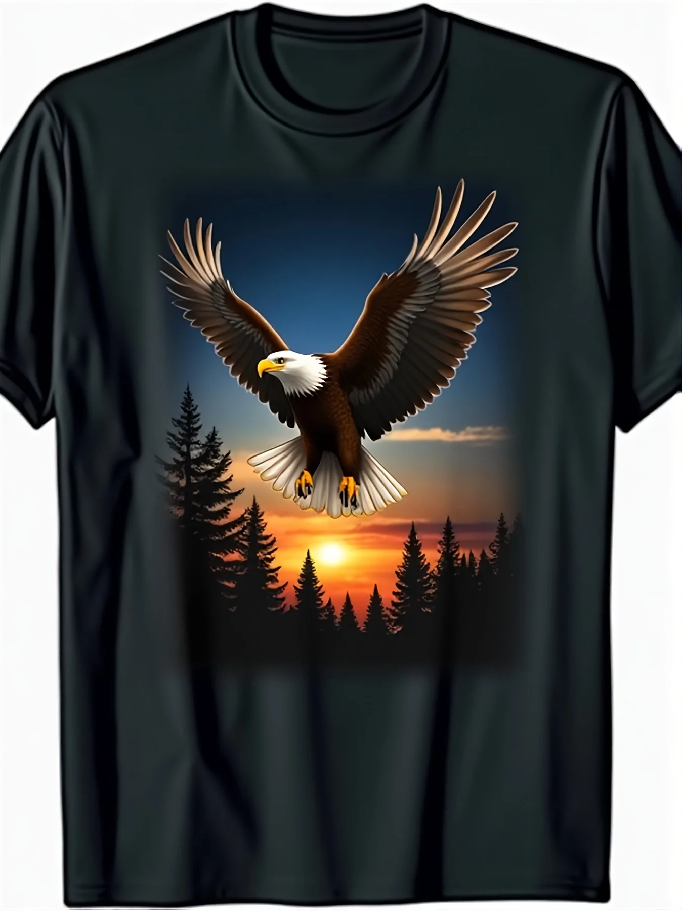 Men's Eagle Pattern TShirt Crew Neck Short Sleeve Stretch Fit Casual Wildlife Design Vivid Sunset Forest Scene Adult Regular Summer TShirt Eagle Decoration Plus SizeSummer T-shirt with Printed Design, Loose Fit