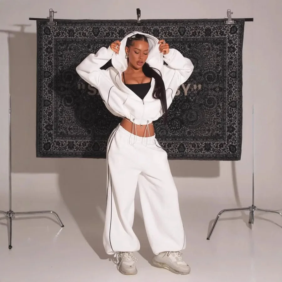 

Hoodie Set Women Two Piece Sets Casual Sportswear Zipper Matching Sets Looss Coats Wide Leg Long Pants High Waist Streetwear