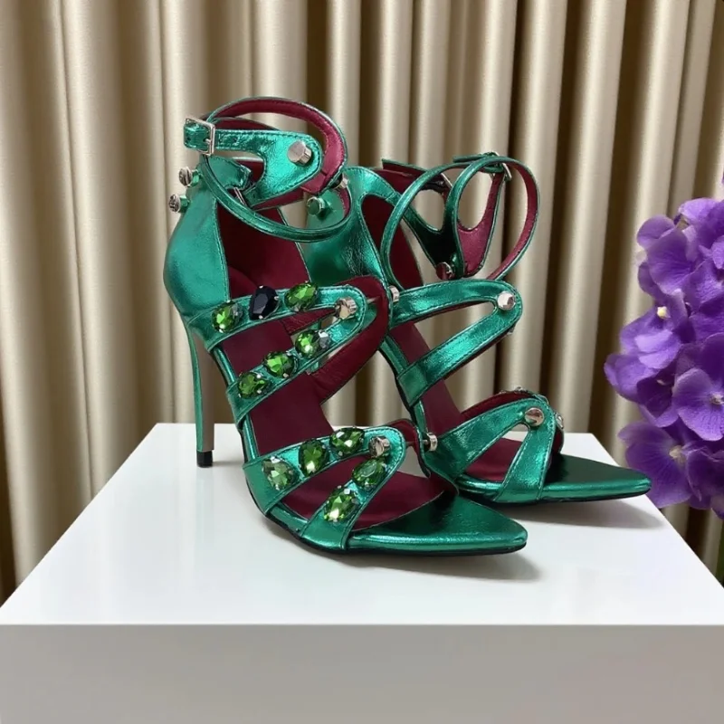 

Green Shiny Crystal Metal Decor Thin Heels Women Sexy Pointed Toe Ankle Strap Pumps New Lady Cross-Tied Cover Heel Party Sandals
