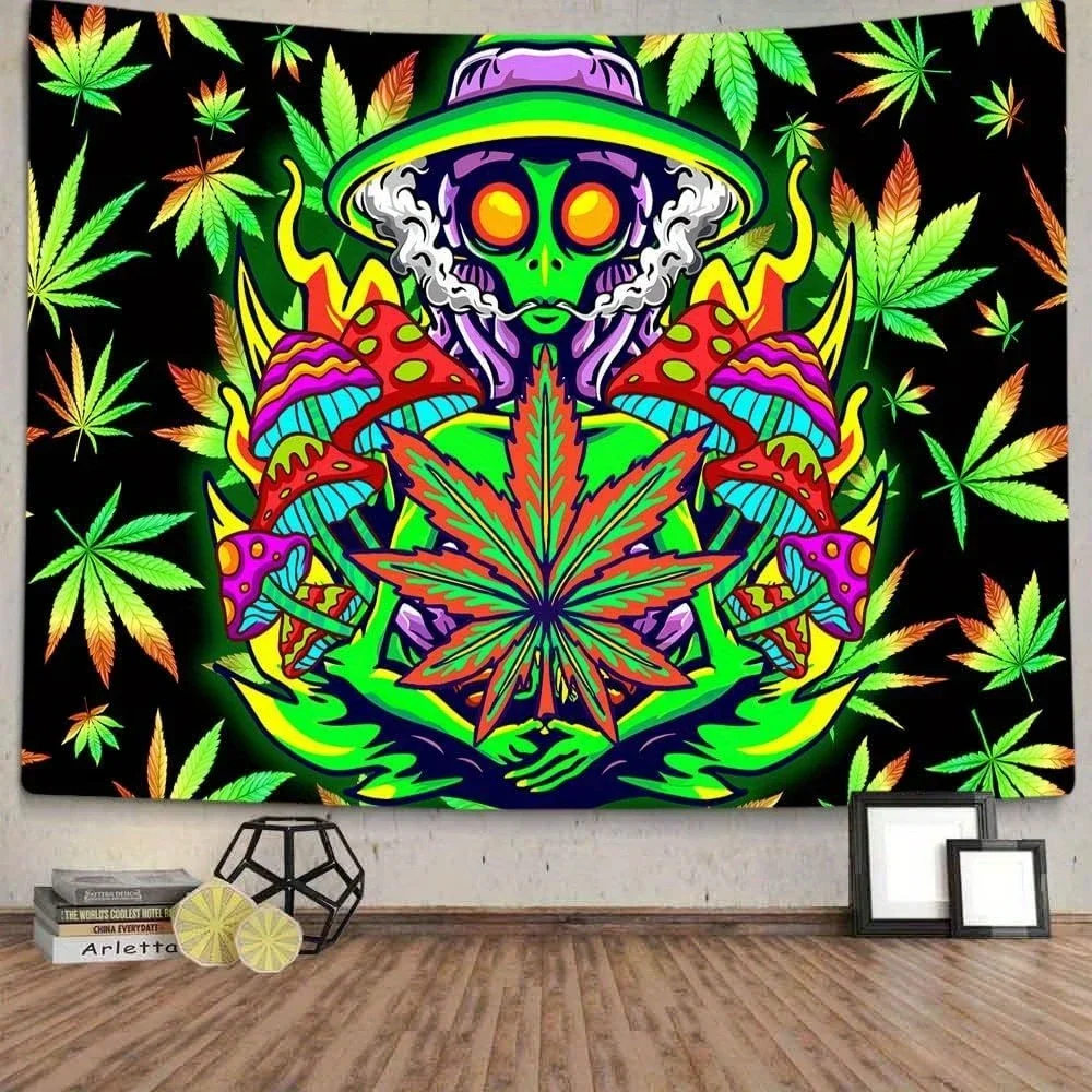 VIKAMA Trippy Stoner Alien Tapestry, Weed Leaf & Magic Mushroom Print, Aesthetic Hippie Wall Decor for Teen Room