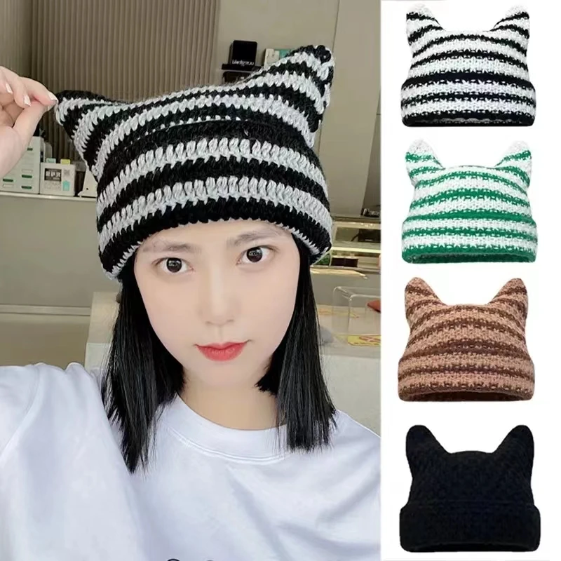 New Japanese Beanie Hat Ins Little Devil Striped Knitted Wool Cap Autumn and Winter Cute Cat Ears Pointed Pullover Women's Hats