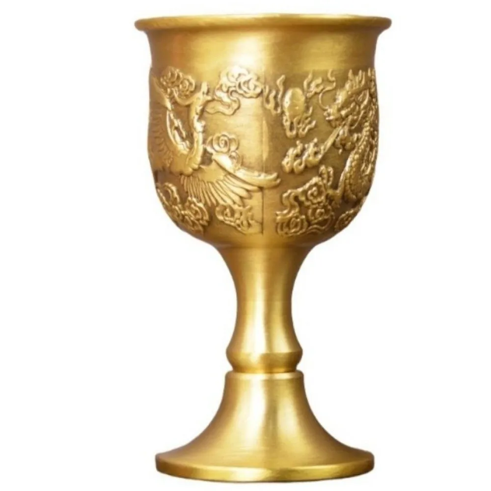 Elegant Brass Gold Chalice Height 9 cm Caliber 4.5 cm Brass Chalice Goblet Shape Dragon Phoenix Embossed Chalice Goblet Shrine