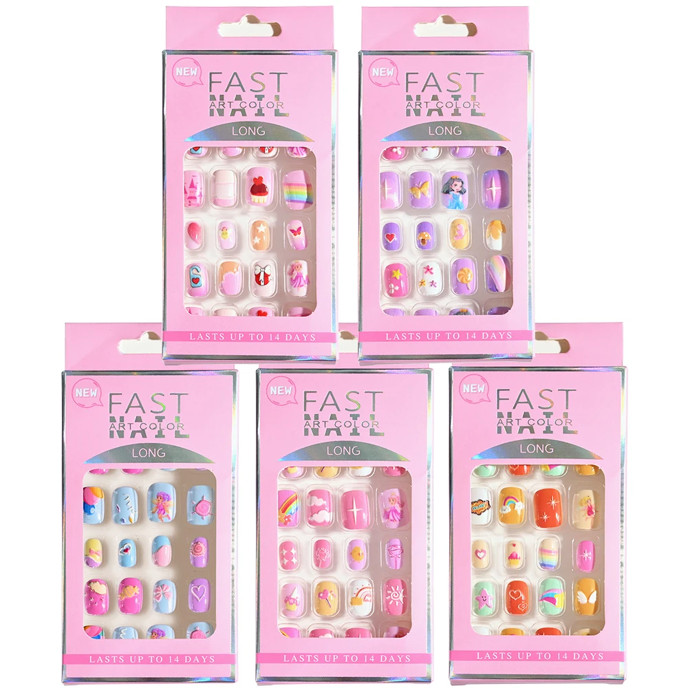 

24pc/box Kids False Nails Press On Full Cover Adhesive Fake Nail Tips 5D Cartoon Design Candy Color Manicure Children Fake Nails