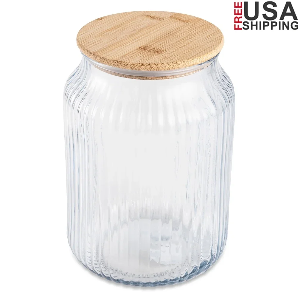 

3L Ribbed Glass Kitchen Storage Jar with Airtight Bamboo Lid Pasta Rice Snacks Organization