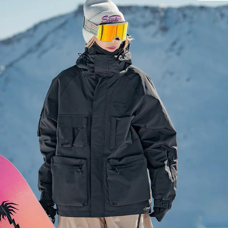 Unisex American Cargo Ski Jacket Loose Multi-Pocket Snow Coat Windproof Waterproof Warm Hooded Snowboard Jacket Men Women Skiing