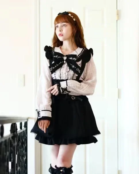 Dophee Japanese Style Lolita Shirts Women Spring Summer Embroidery Lace Bow Crew Neck Casual Top Long Sleeve Cute Blouses 5xl