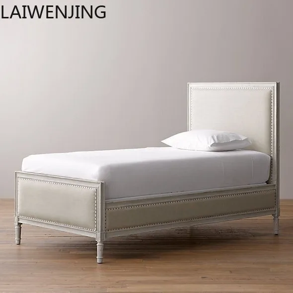 

HLZ Country Vintage Oak White Fabric Bedroom Full Solid Wood Single Bed