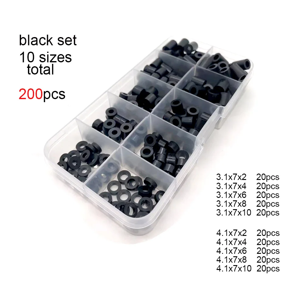 200pcs/set M3 M4  Black White ABS Nylon Plastic Non-Threaded Spacer Hollow Standoff Assortment Kit Washer Tube Set Box