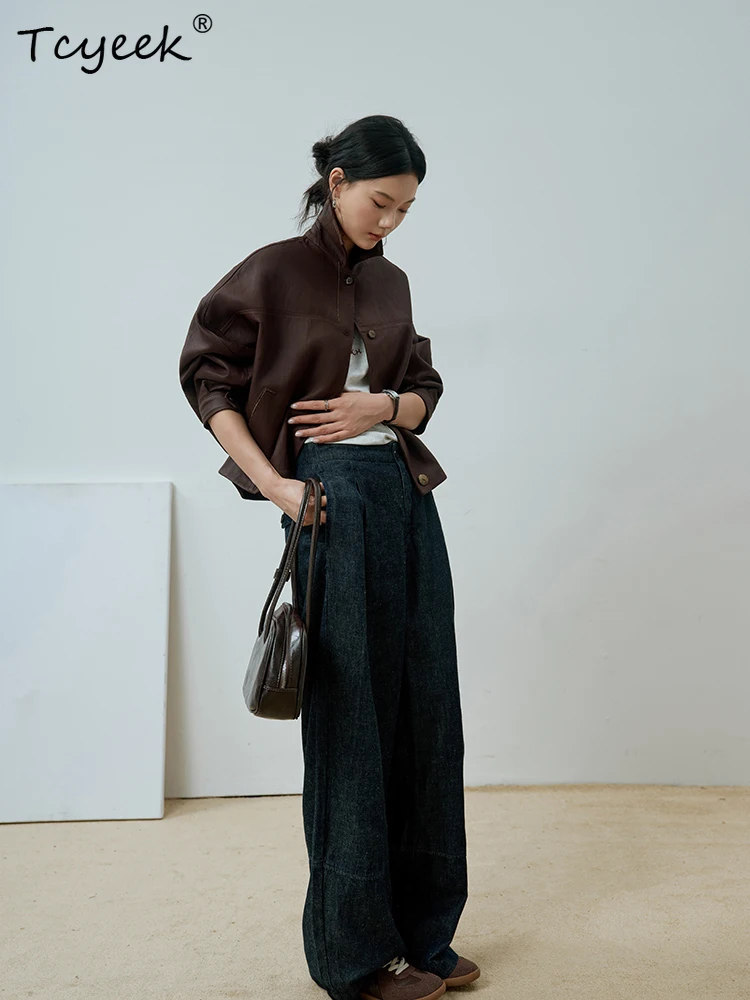 Tcyeek Schaffell Frühling Herbst High End Square Neck Braun Kaffee Fledermaus Ärmel Kurze frauen Aus Echtem Leder Jacke Jaqueta Couro