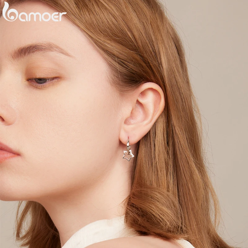 Bamoer-Pendientes transparentes de CZ para mujer, joyería de boda, dije de estrella, joyería fina de plata de ley 925 auténtica