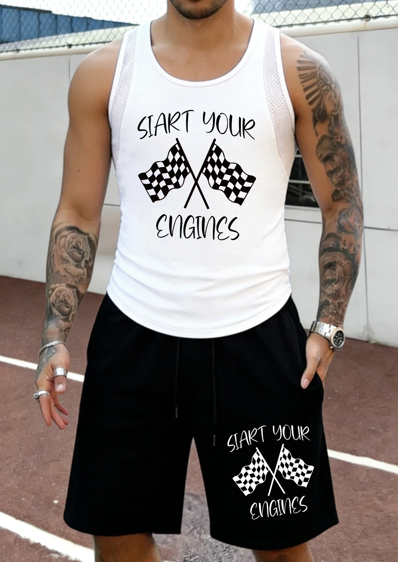 

Siart Your Engines Printed Mens Summer Mesh Casual Sleeveless Sets Comfy Gym Tank Top Daily Drawstring Bottom Retro Sportpants