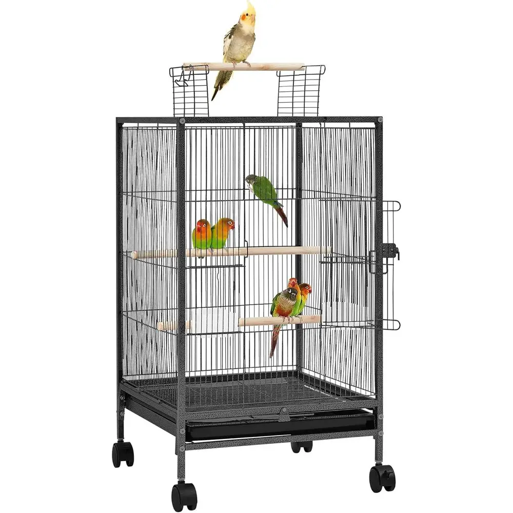35 inch Wrought Iron Bird Cage w/Play Open Top and Rolling Stand or Small Birds Like Parrots Conure Lovebird Cockatiel Lovebirds