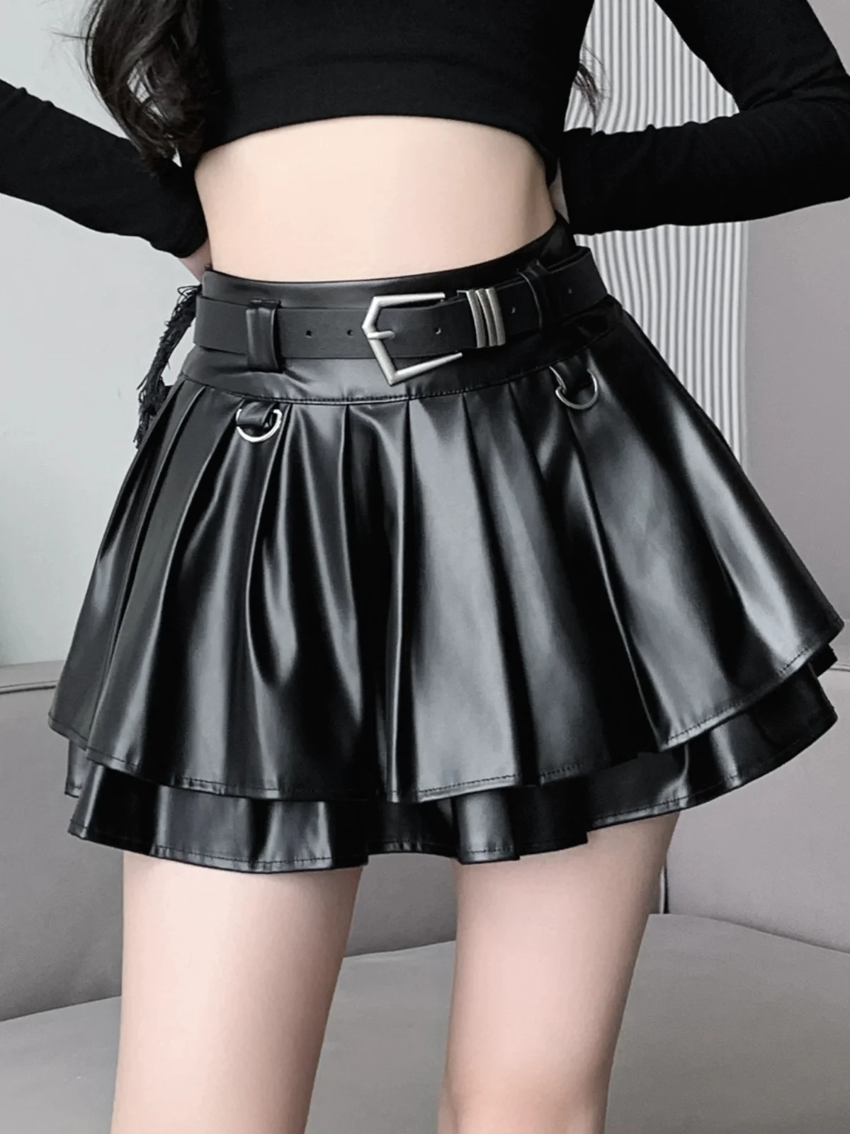 Millennial American Spicy Black PU Leather Pleated  Skirt Women's Spring Autumn Small Size Anti-Light High Waist A-Line S...